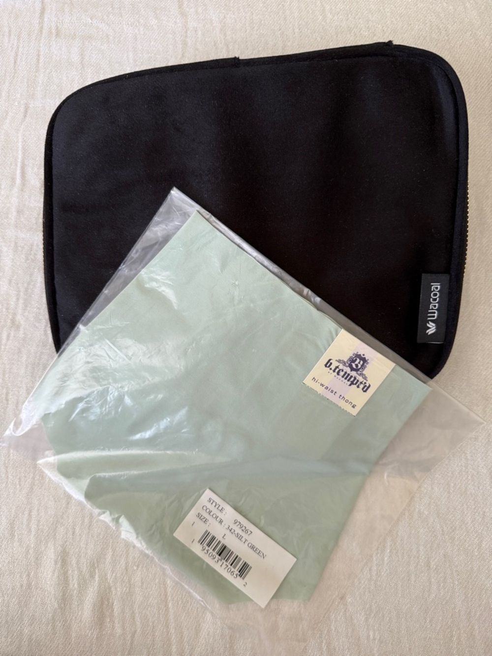 NWT Wacoal b.tempt’d hi-waist thong, Large, Silt Green + Signature Travel Bag